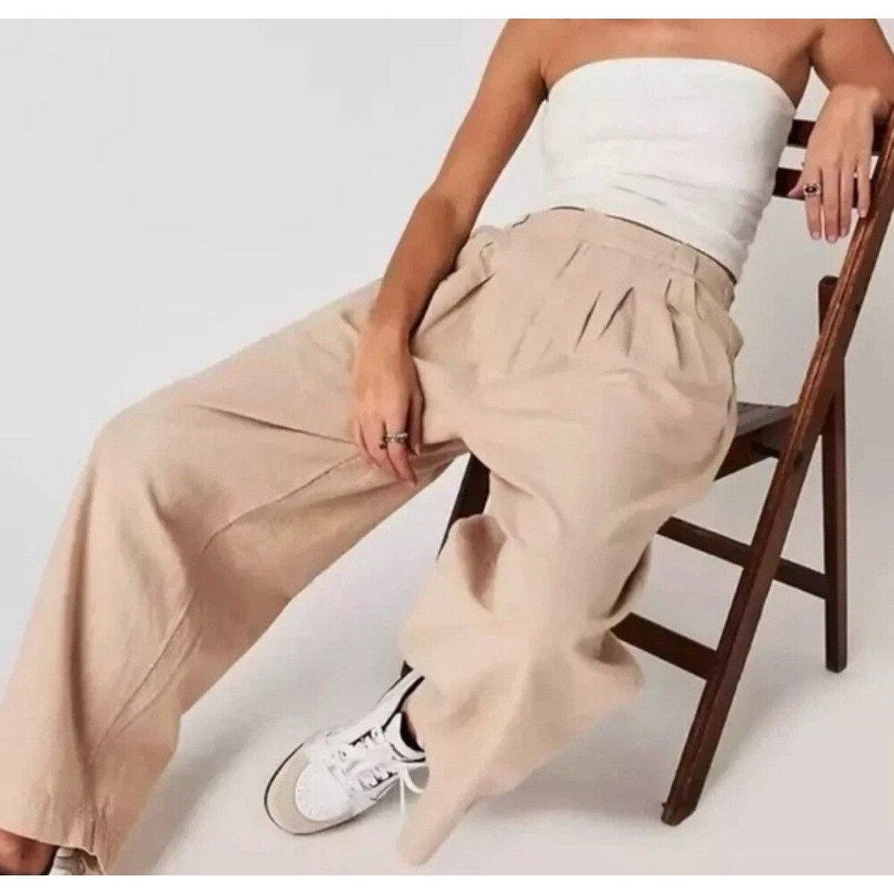 Free People Lotta Love Linen Trousers Pants Cream Straight Leg Imperfect US 10 - Picture 2 of 4